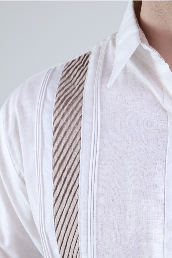 Camisa Guayabera Hombre Manga Larga Con Alforzas Y Contraste En Pecho